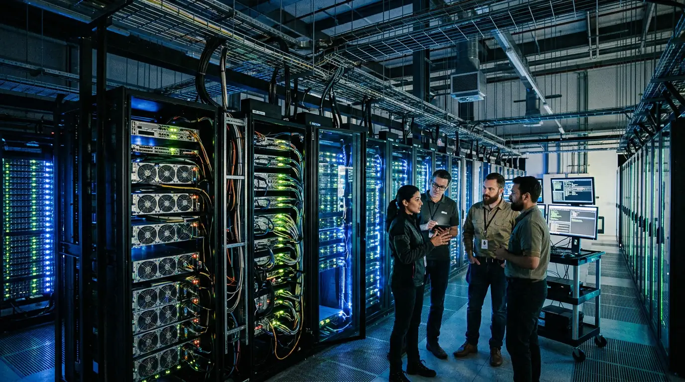 Centre de données illuminé la nuit, représentant les alliances technologiques autour de l'IA.