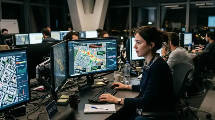Analyste devant des écrans affichant cartes satellites et flux de données analysés par IA.
