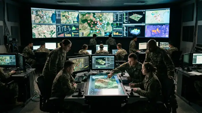 Salle de commandement militaire équipée d'intelligence artificielle analysant des données de champ de bataille en temps réel.