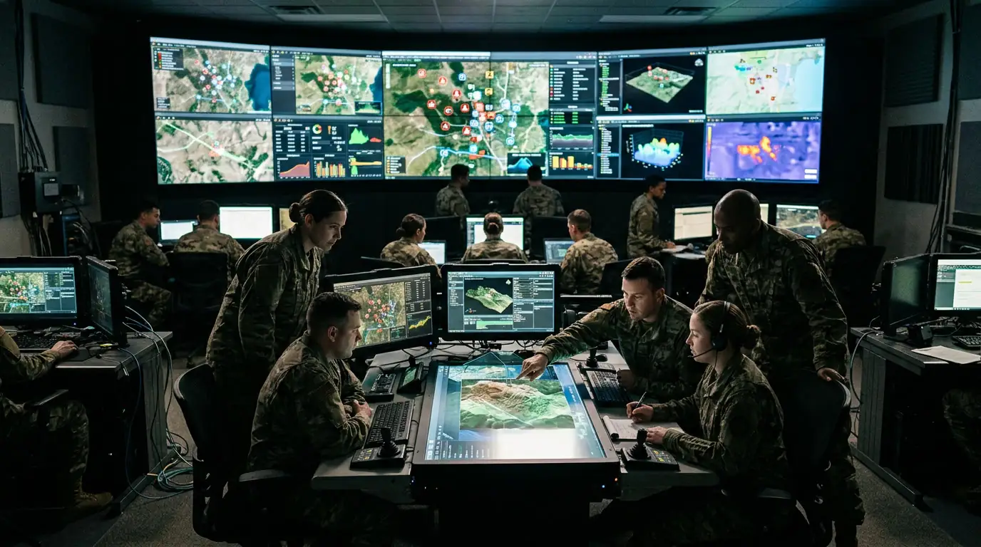Salle de commandement militaire équipée d'intelligence artificielle analysant des données de champ de bataille en temps réel.