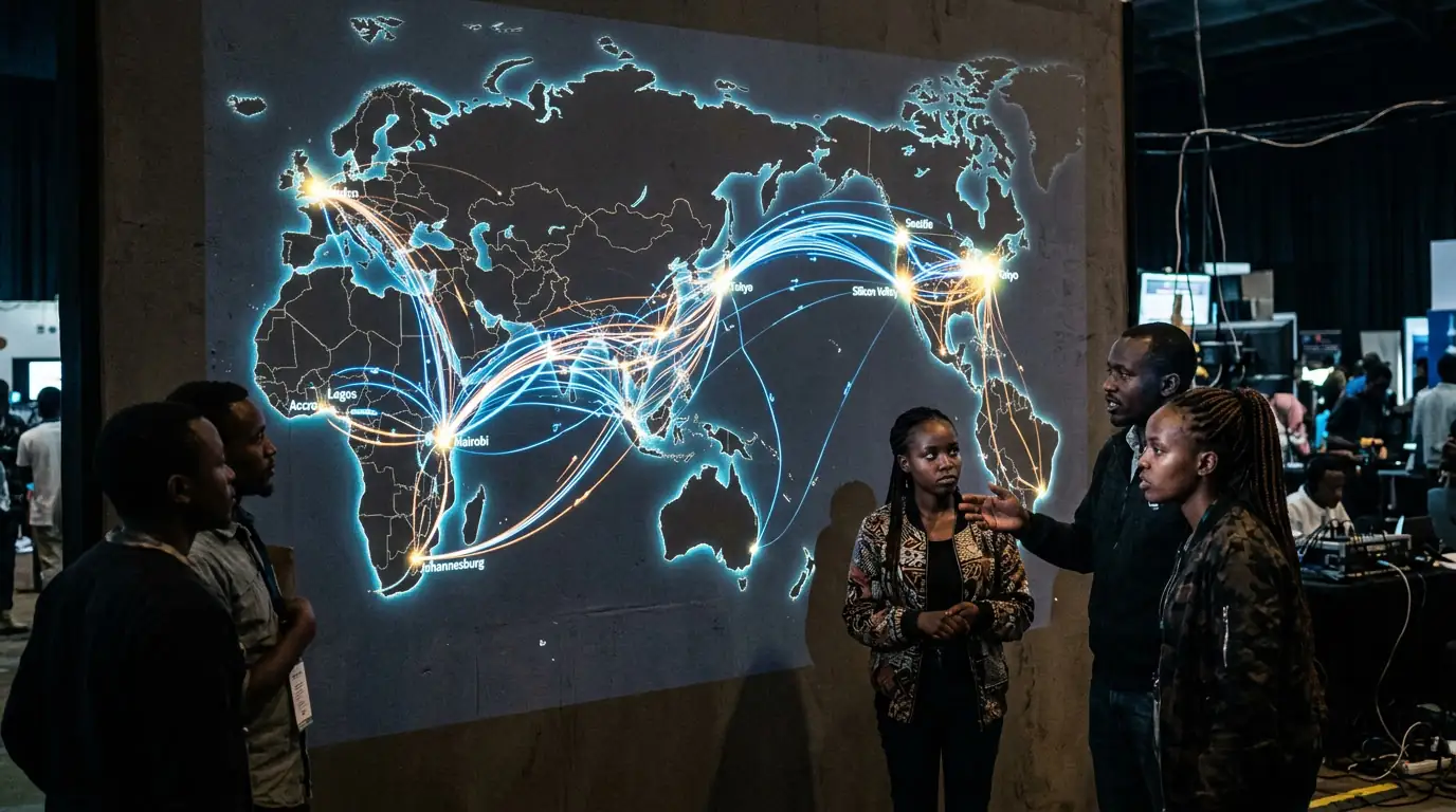 Carte du monde avec des flux de données convergeant vers quelques pôles technologiques, illustrant le colonialisme numérique.