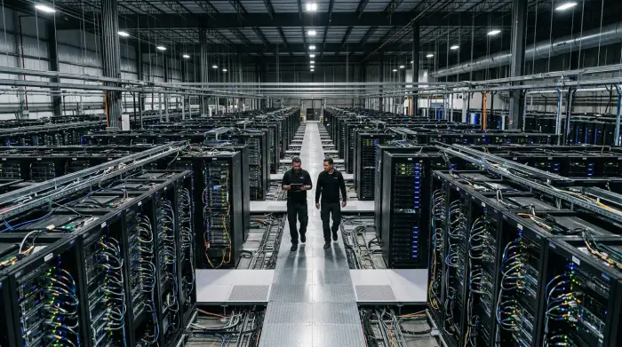 Centre de données géant alimentant des modèles d'intelligence artificielle, symbole de la course technologique mondiale.