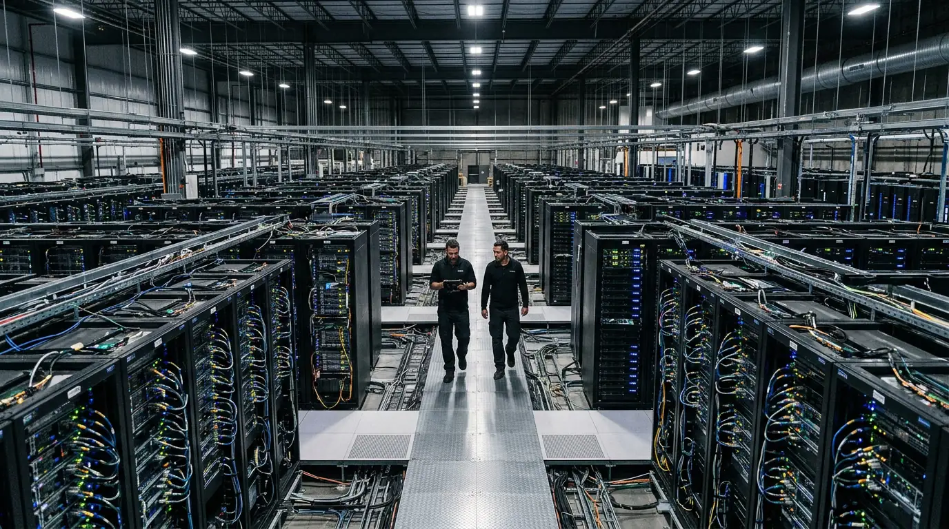 Centre de données géant alimentant des modèles d'intelligence artificielle, symbole de la course technologique mondiale.