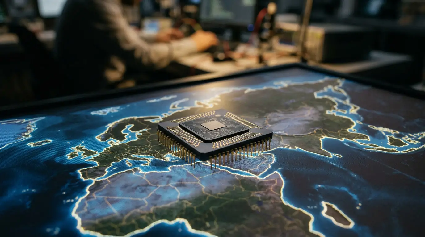 Puce électronique d'intelligence artificielle posée sur une carte du monde éclairée.