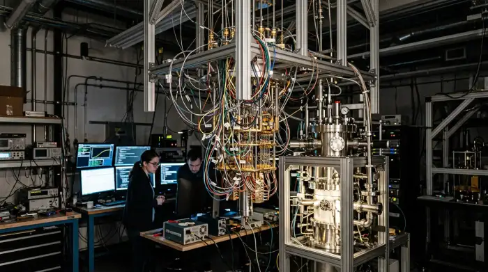 Processeur quantique cryogénique suspendu dans un laboratoire de recherche en informatique quantique