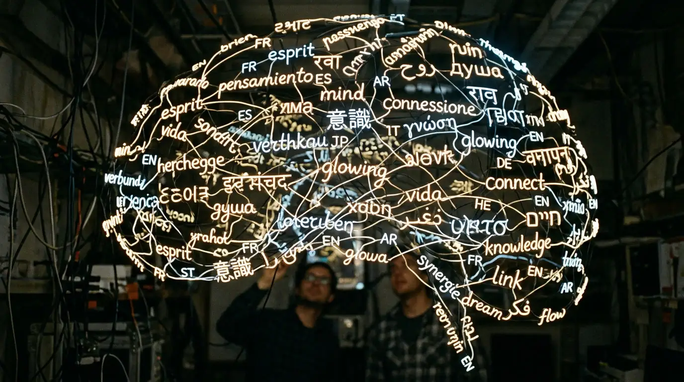 Mots issus de multiples langues formant un réseau de neurones lumineux.