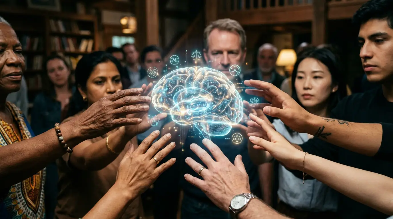 Mains de cultures différentes se tendant autour d'un cerveau numérique, symbole de l'éthique mondiale de l'intelligence artificielle.