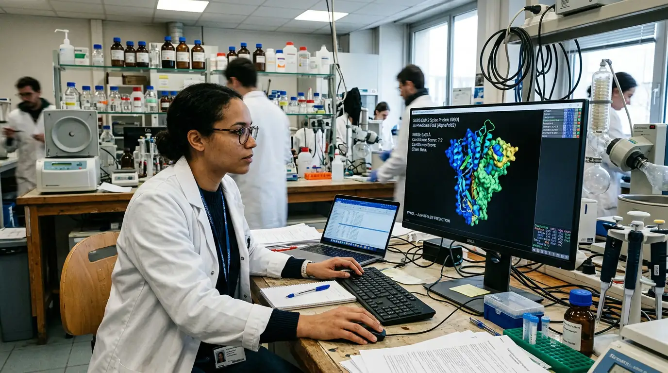 Modélisation d'une structure de protéine par intelligence artificielle sur écran de laboratoire.