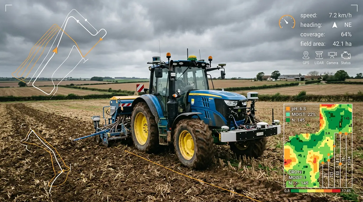 Tracteur autonome équipé de capteurs traversant un champ sous un ciel couvert, données agricoles superposées.