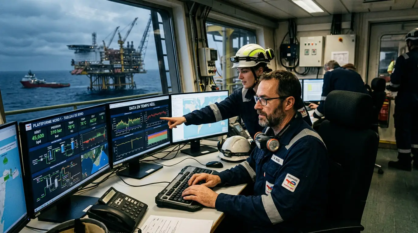 Plateforme pétrolière connectée avec écrans d'analyse de données en temps réel.