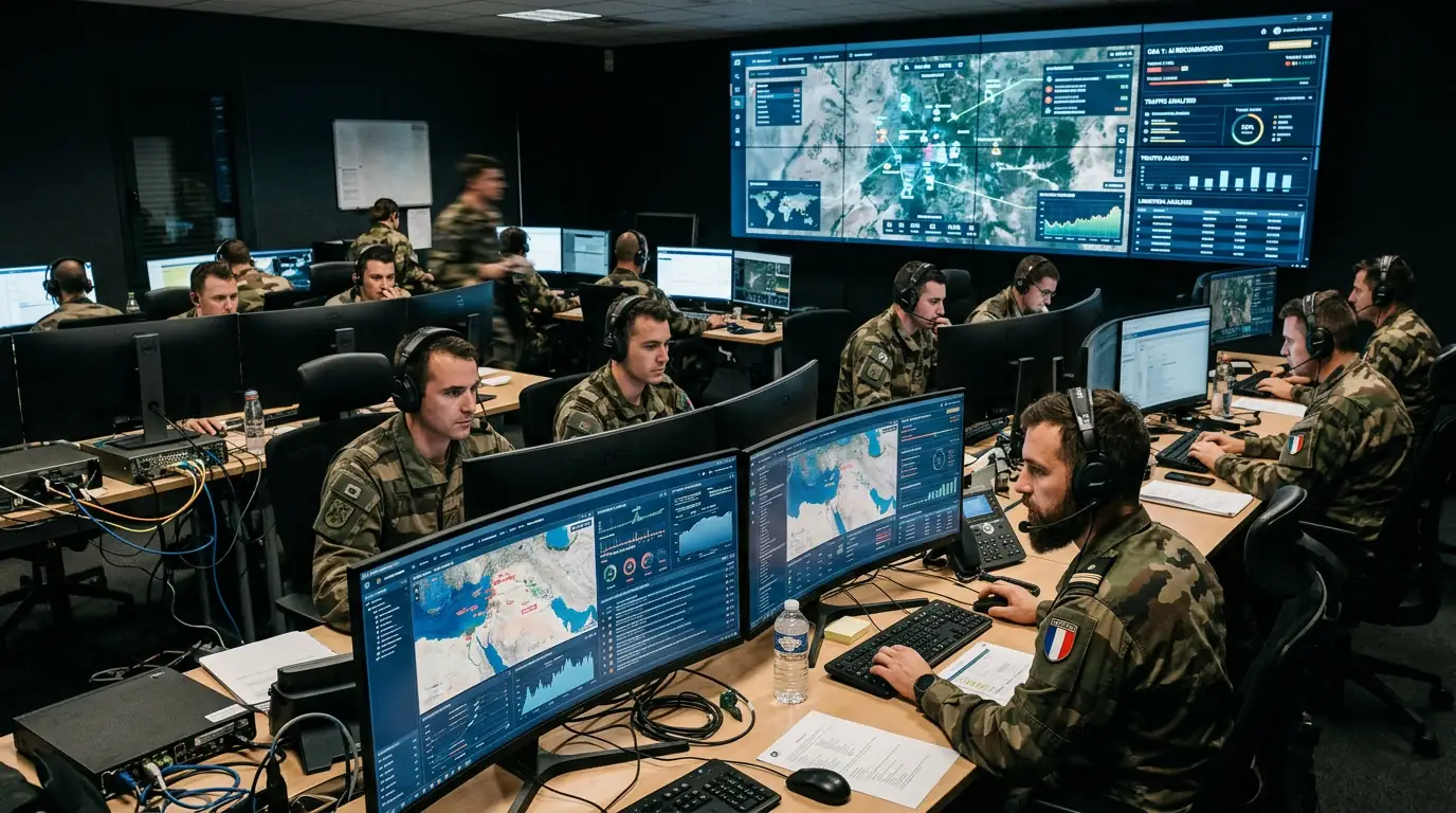 Salle d'opérations militaire avec écrans affichant des données analysées par intelligence artificielle.