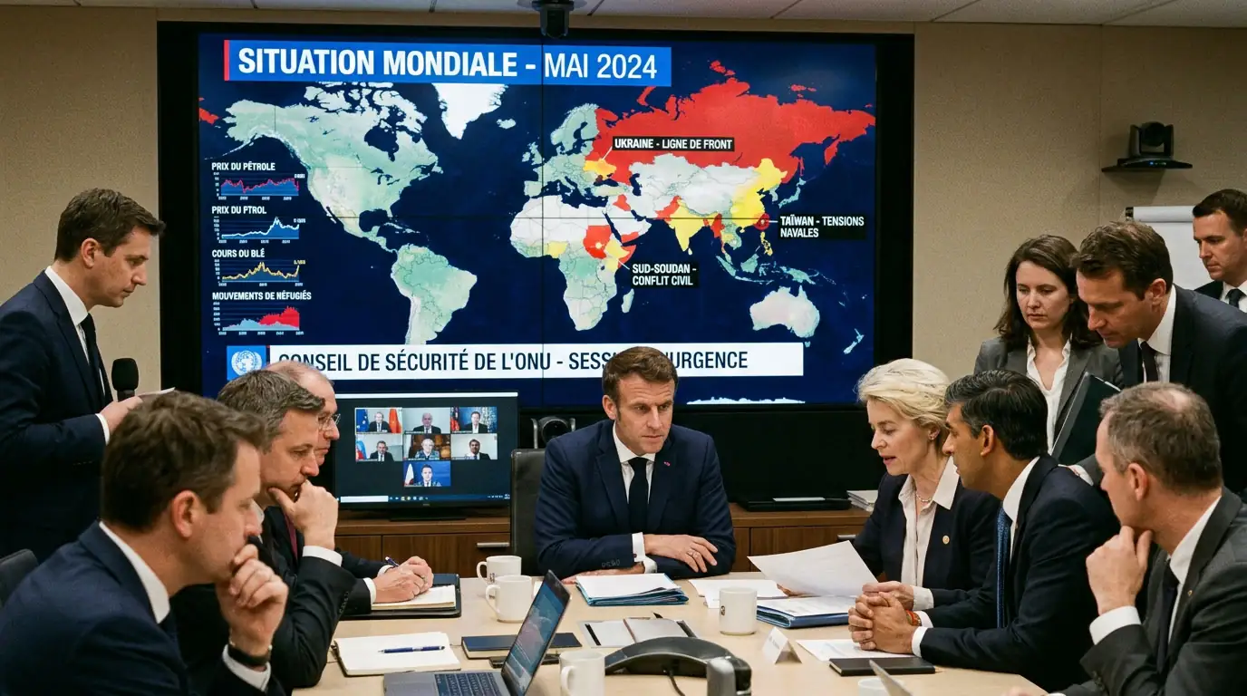 Salle de crise diplomatique avec écrans de données géopolitiques et carte du monde.