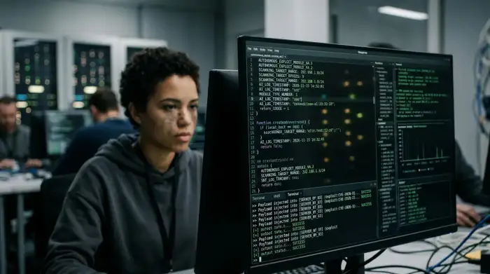 Écran de code parcouru par un agent d'intelligence artificielle, symbole des cyberattaques autonomes en 2026.