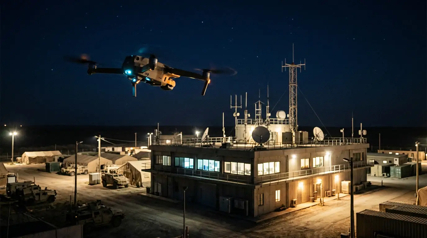 Drone militaire autonome survolant un centre de commandement éclairé la nuit.