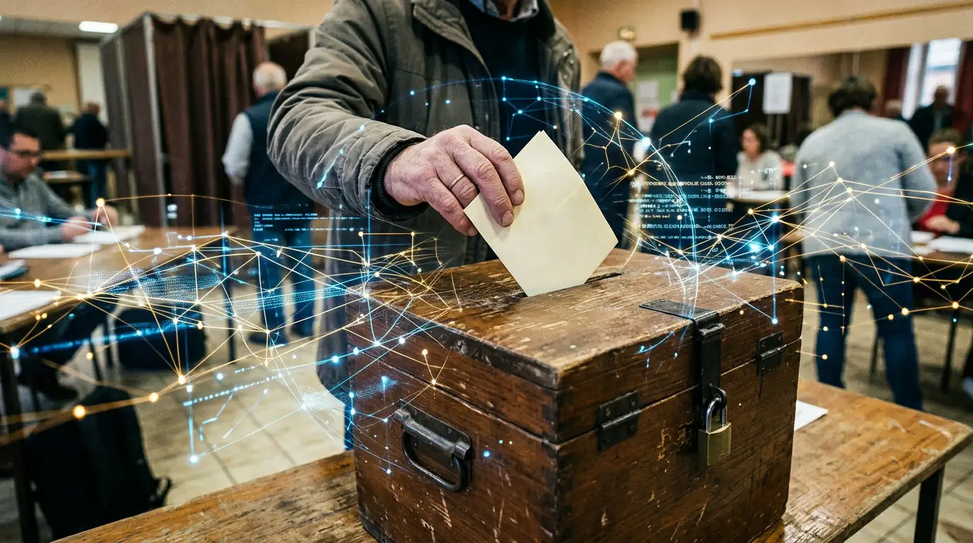 Bulletin de vote glissé dans une urne, superposé à un réseau de données numériques.