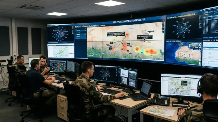 Salle d'analyse du renseignement avec écrans affichant des cartes et des flux de données traités par intelligence artificielle.