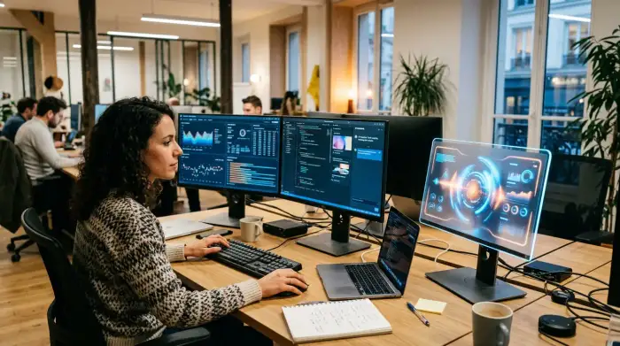 Bureau partagé entre un travailleur humain et un assistant d'intelligence artificielle, symbole de la transformation de l'emploi.
