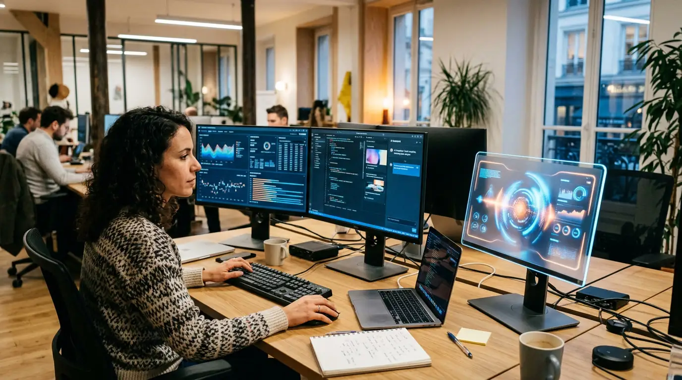 Bureau partagé entre un travailleur humain et un assistant d'intelligence artificielle, symbole de la transformation de l'emploi.