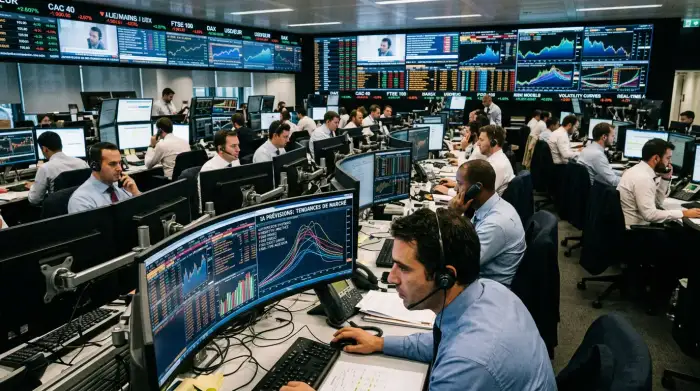 Salle de marché avec écrans de cotation et courbes financières générées par l'IA.