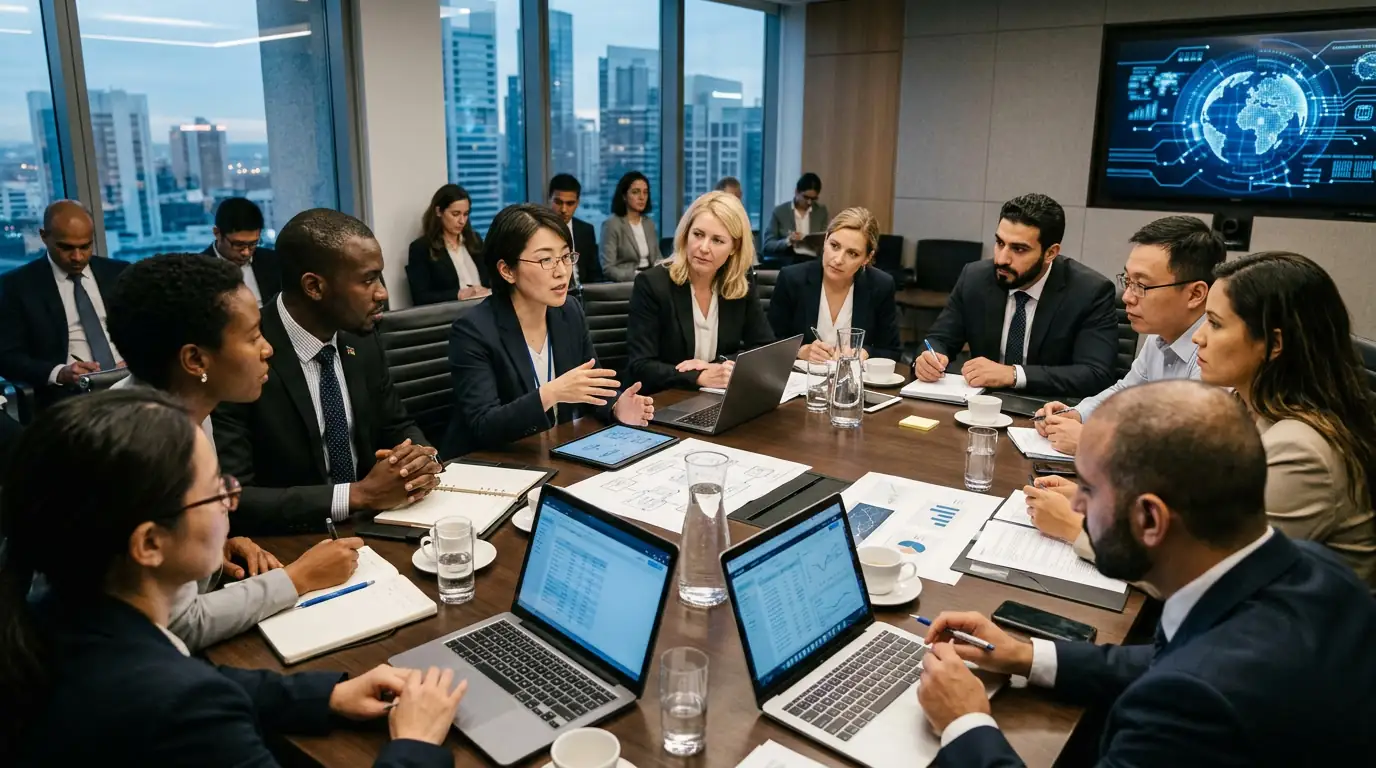 Représentants de plusieurs pays réunis autour d'une table de négociation technologique.