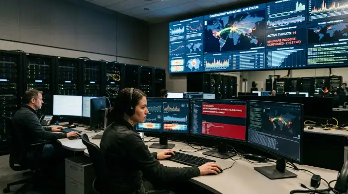 Centre de données avec écrans affichant des flux de données et alertes de cybersécurité.