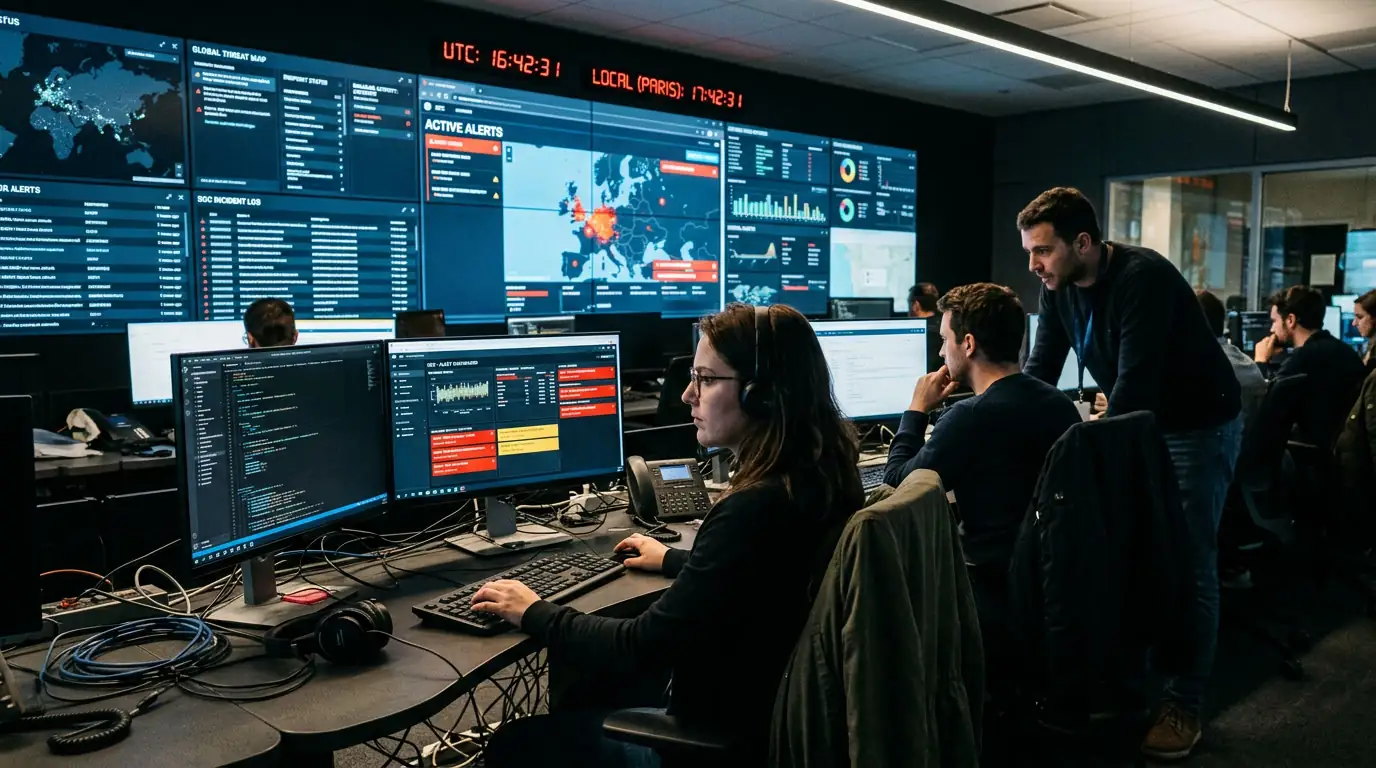 Salle de surveillance d'un centre opérationnel de cybersécurité avec écrans d'alerte.