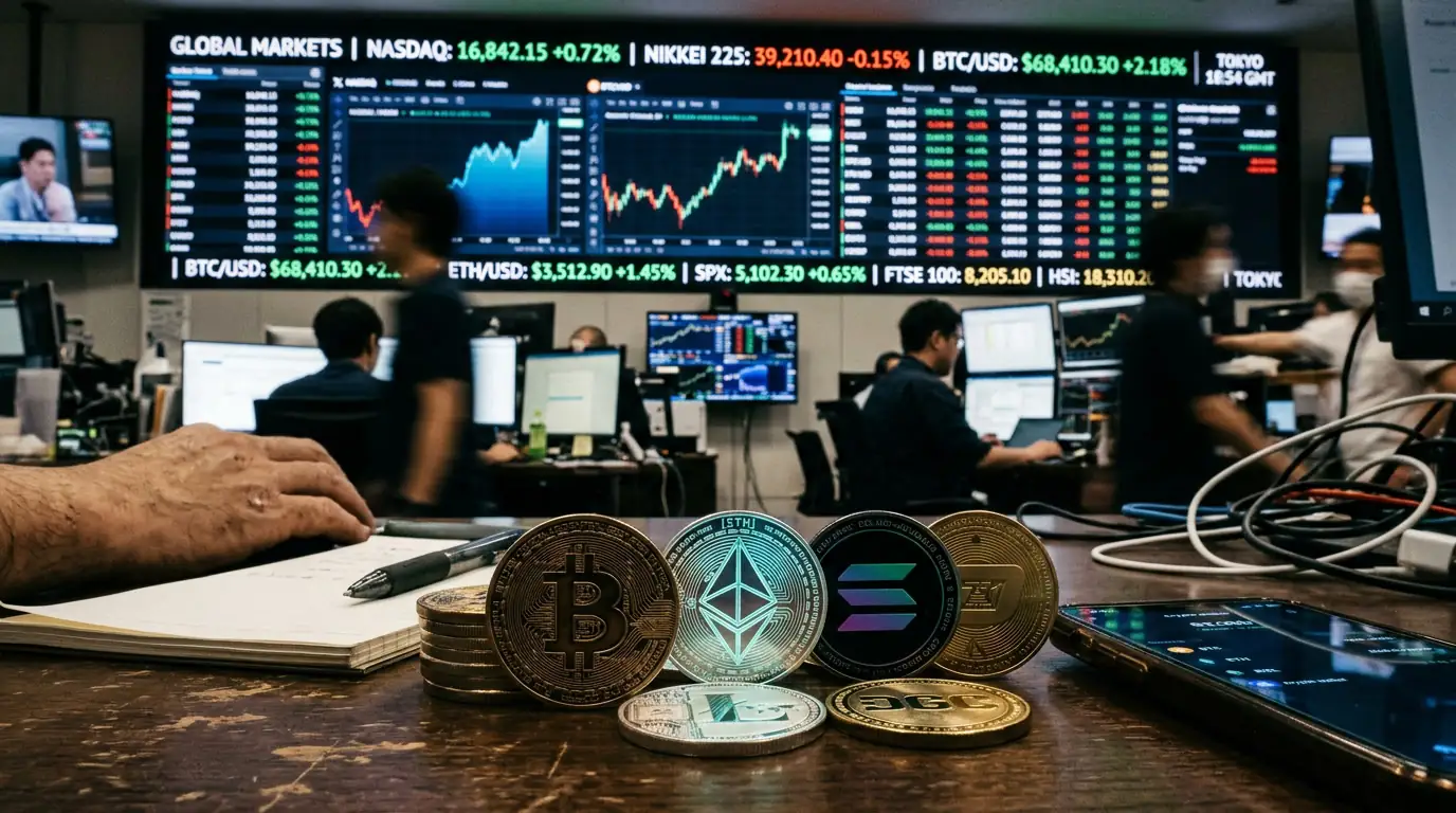 Pièces de monnaie numérique stylisées devant un écran de cotations financières mondiales.
