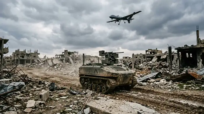 Drone militaire et robot terrestre armé évoluant sur un champ de bataille dévasté.