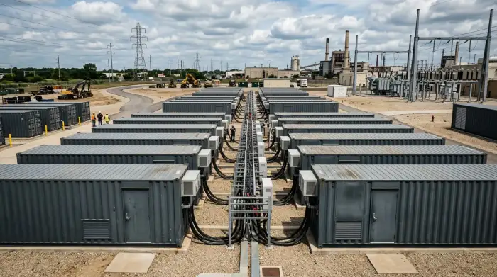 Conteneurs de batteries de stockage d'énergie à grande échelle sur un site industriel.