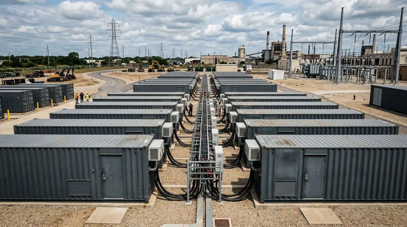 Conteneurs de batteries de stockage d'énergie à grande échelle sur un site industriel.