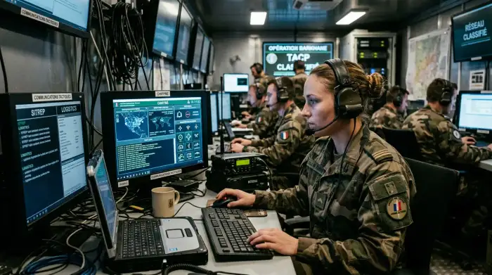 Opérateur militaire devant des écrans de communication tactique chiffrée dans un poste de commandement.