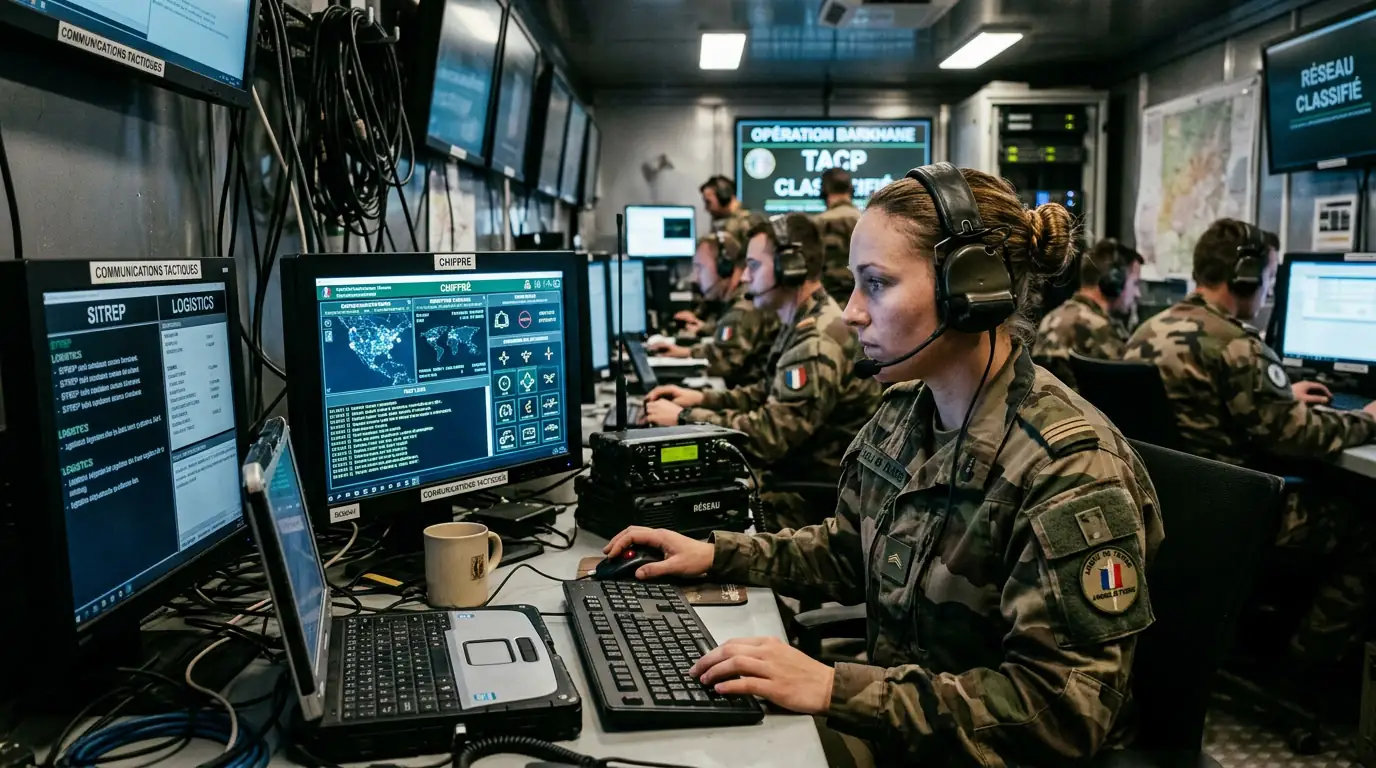 Opérateur militaire devant des écrans de communication tactique chiffrée dans un poste de commandement.