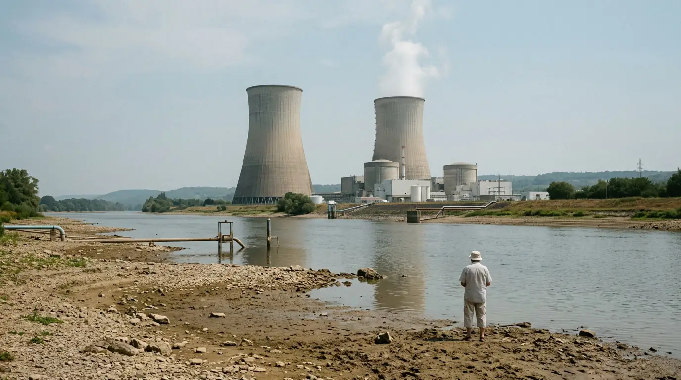 Centrale nucléaire au bord d'un fleuve aux eaux basses pendant une vague de chaleur estivale.