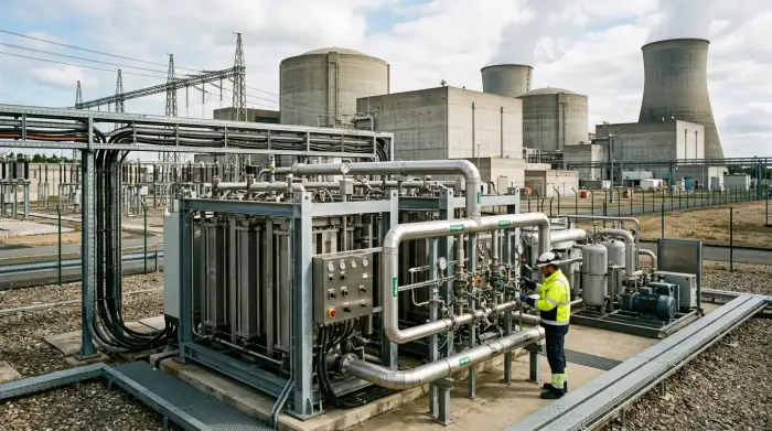 Électrolyseur industriel raccordé à une centrale nucléaire pour produire de l'hydrogène bas carbone.