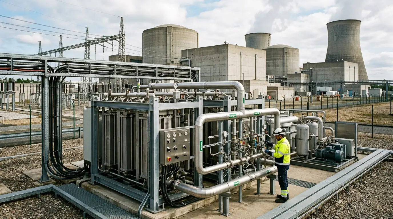 Électrolyseur industriel raccordé à une centrale nucléaire pour produire de l'hydrogène bas carbone.