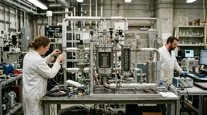 Maquette d'un réacteur expérimental à sels fondus au thorium dans un laboratoire de recherche nucléaire.