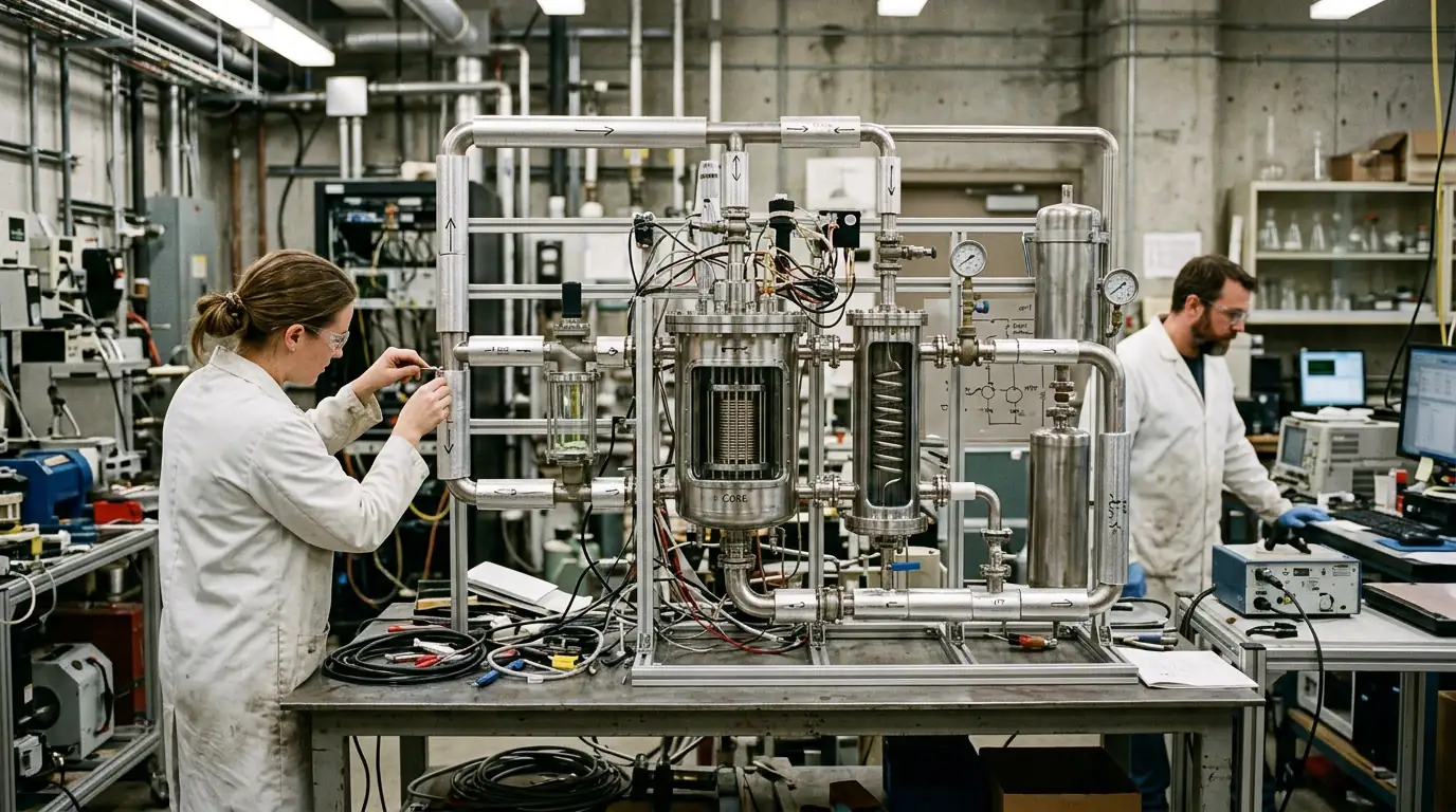 Maquette d'un réacteur expérimental à sels fondus au thorium dans un laboratoire de recherche nucléaire.
