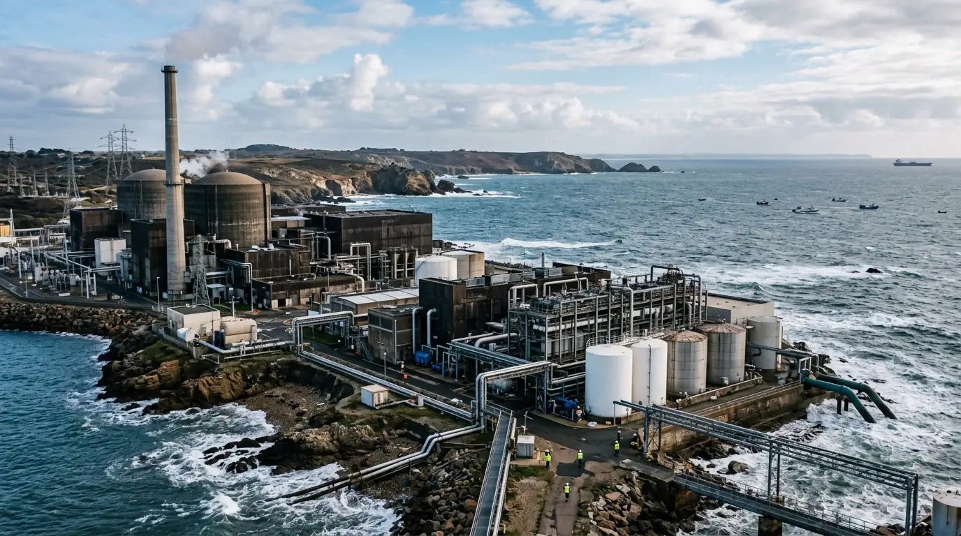 Usine côtière de désalinisation adossée à une centrale nucléaire au bord de la mer.