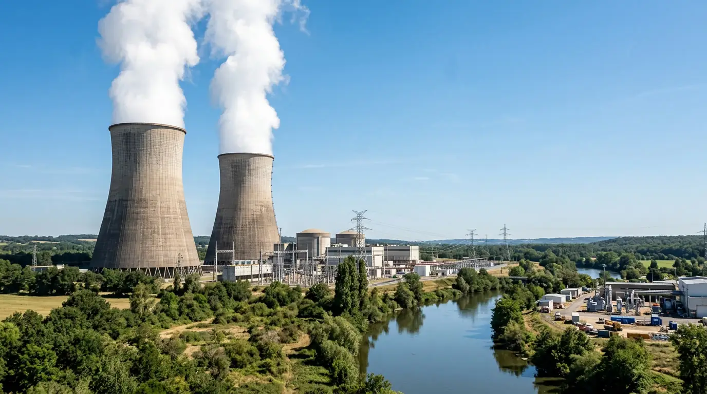 Tours de refroidissement d'une centrale nucléaire sous un ciel dégagé, symbole d'électricité bas carbone.