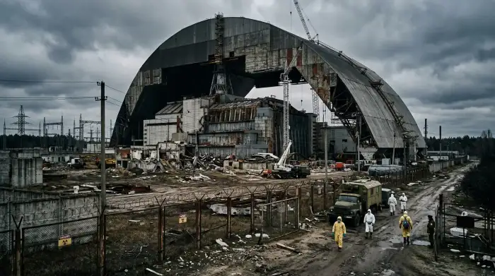Réacteur accidenté sous confinement, symbole de l'impact des catastrophes nucléaires sur les politiques.