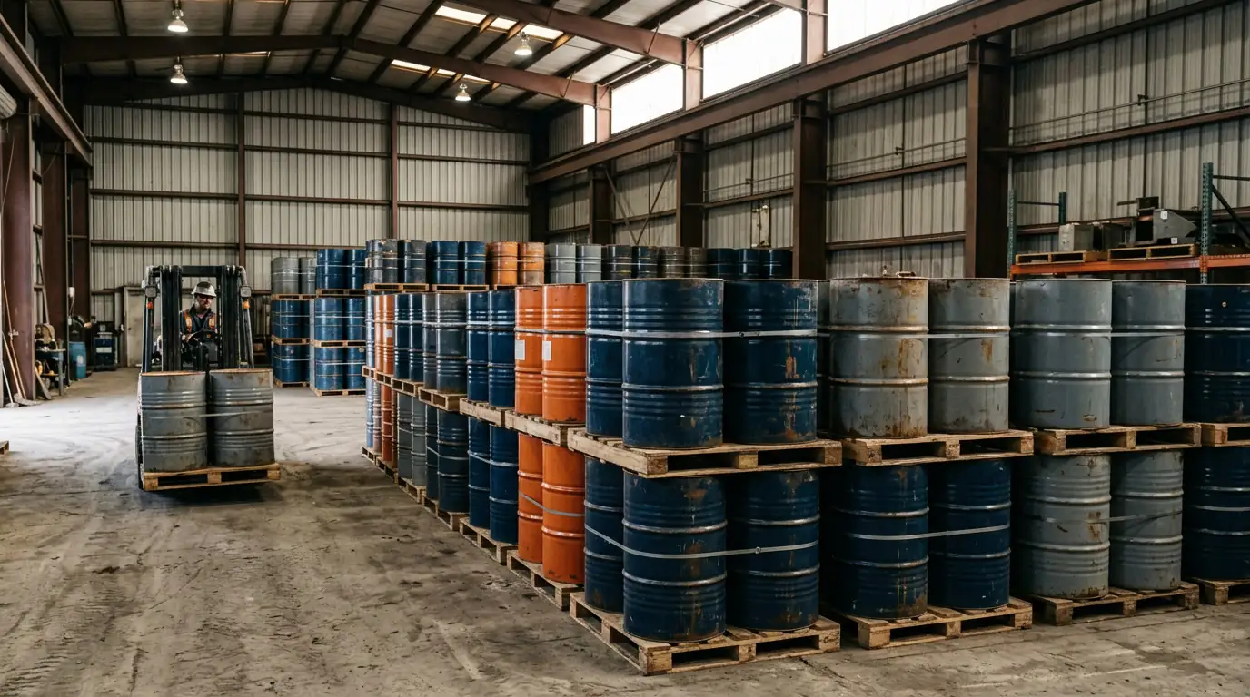 Fûts de yellowcake d'uranium concentré stockés dans un entrepôt minier, prêts à l'exportation.