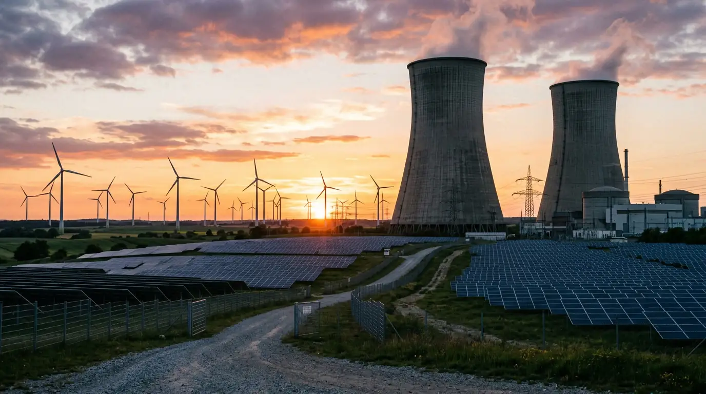 Tours de refroidissement d'une centrale nucléaire surplombant un parc d'éoliennes et de panneaux solaires au coucher du soleil.