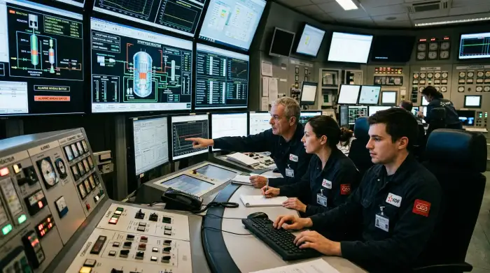Ingénieurs surveillant des données sur des écrans dans une salle de commande nucléaire.