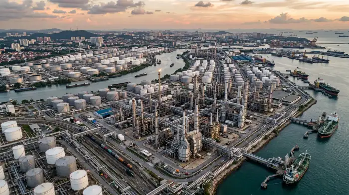 Vue aérienne d'un vaste complexe de raffinage et de stockage pétrolier en Asie.