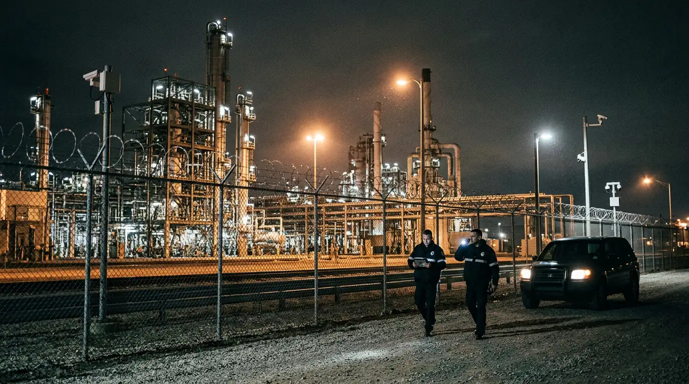 Raffinerie de pétrole sécurisée la nuit, symbolisant les menaces cyber et physiques sur les infrastructures critiques.