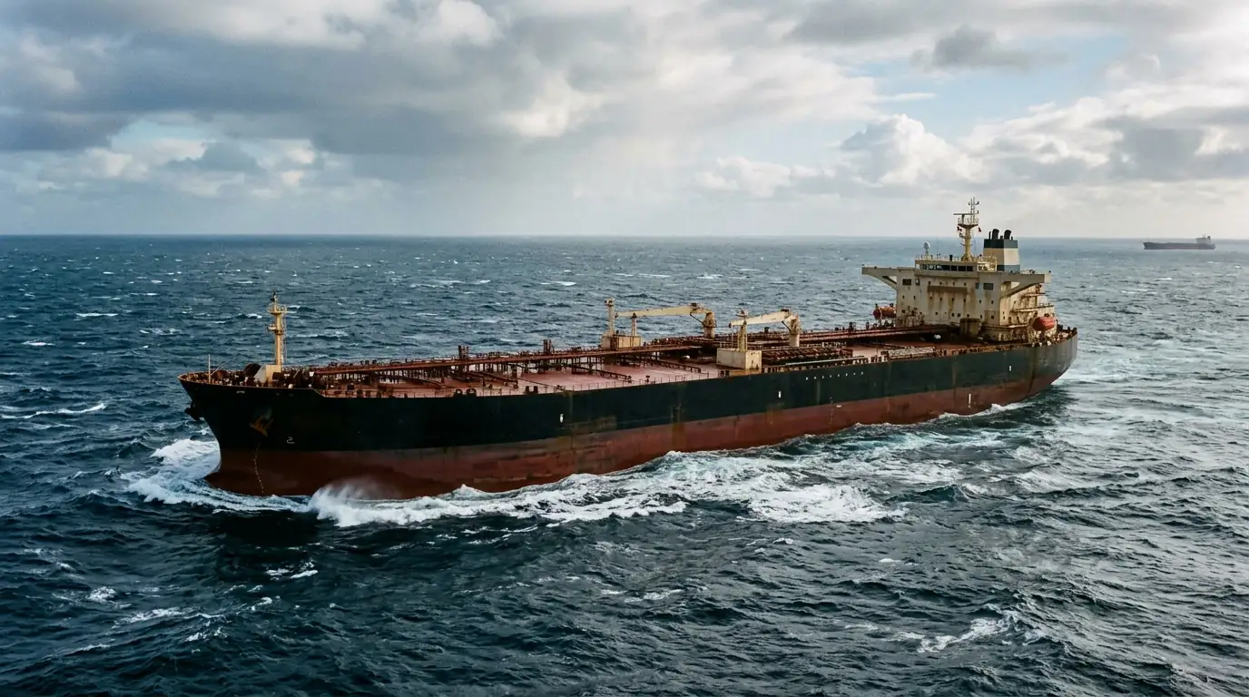 Pétrolier géant chargé de brut naviguant sur une route maritime internationale.