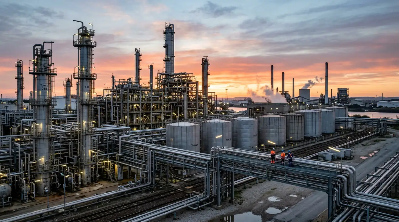 Complexe pétrochimique avec réservoirs, colonnes et réseau de canalisations au lever du jour.