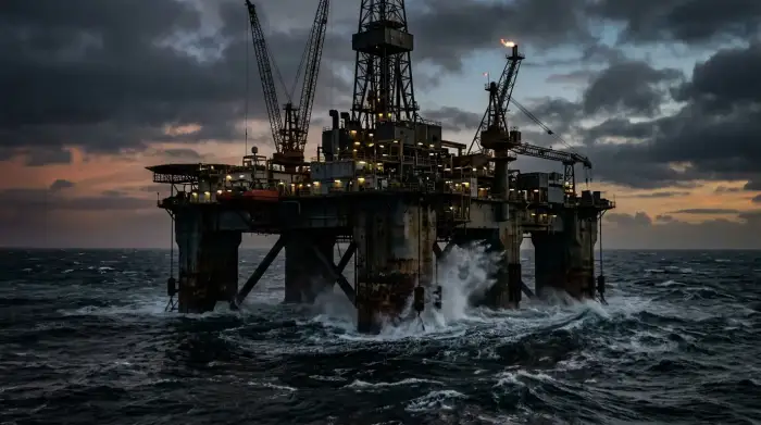 Plateforme pétrolière en mer dans des conditions difficiles au crépuscule.