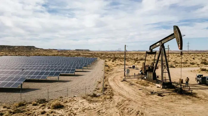 Panneaux solaires et chevalet de pompage pétrolier côte à côte dans un paysage désertique.
