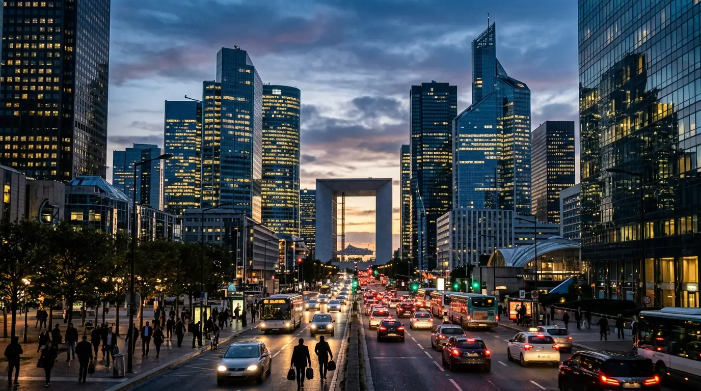 Quartier d'affaires financier avec gratte-ciel et logos de banques au crépuscule.